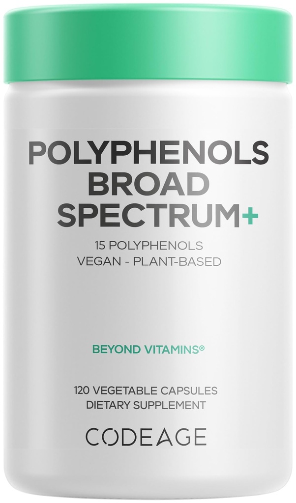 Kode Polyphenols Broad Spectrum dodatek - mešanica 15 jagod, sadja in botaničnih izvlečkov, brezkofeinski zeleni čaj list, Quercetin, Resveratrol, Pomegranat, Kurkuma - Ne-GMO - 120 Kapsule