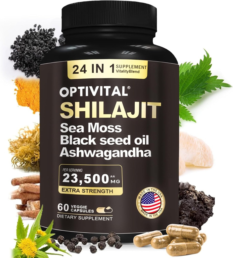 Čisti himalajski organski šilajit za moške in ženske morski moss, črno seme olje, Ashwagandha, Rhodiola & Burdock, Ginseng Cordyceps & Biloba, Nettle & Kurmeric (brez filerjev) (60 kap)