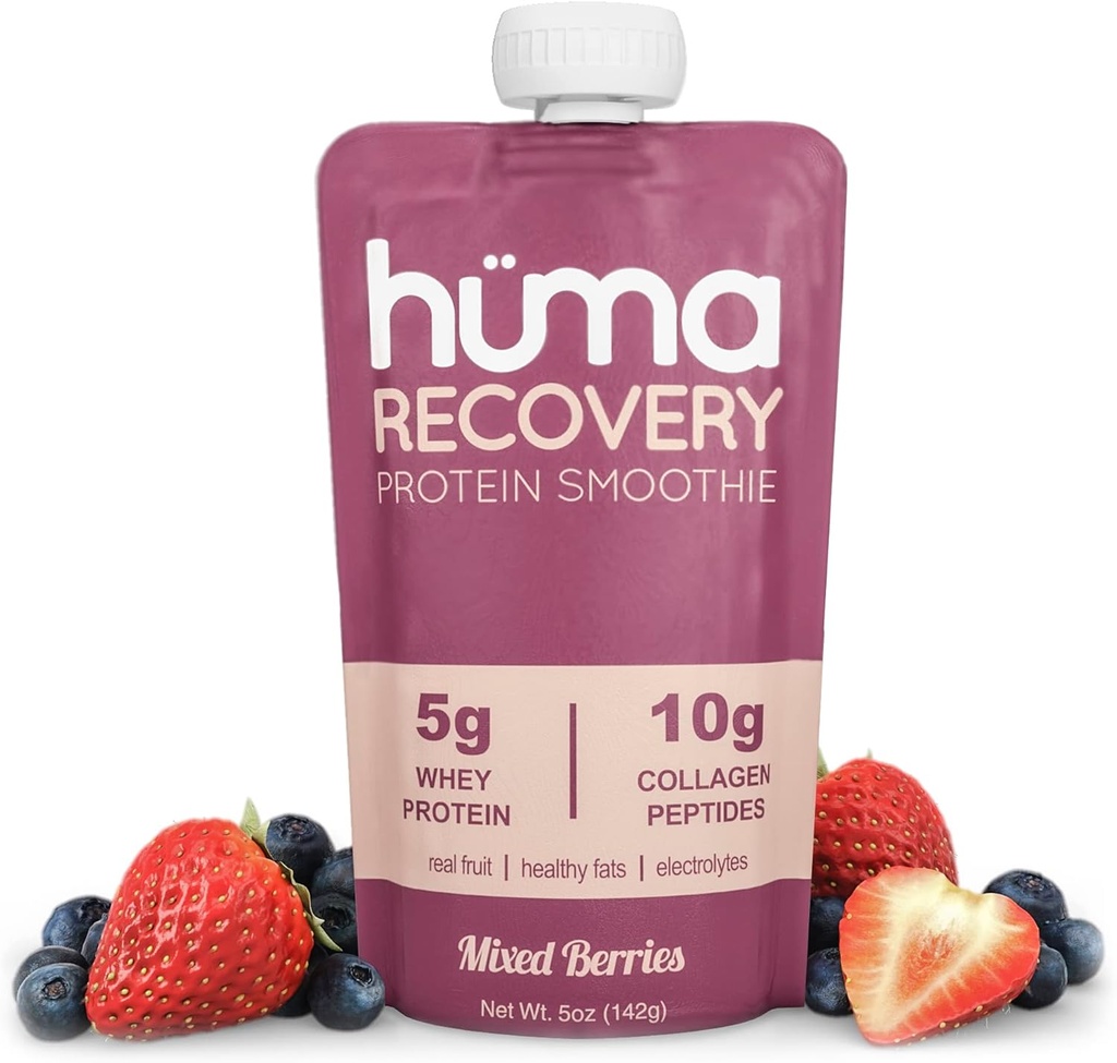 Huma Recovery Protein Smoothie, 20 vrečk – 15g Kolagen + Whey Post Workout Recovery Drink – Ready-to-Pink Protein Shake z resničnim sadjem, elektroliti, zdrave maščobe