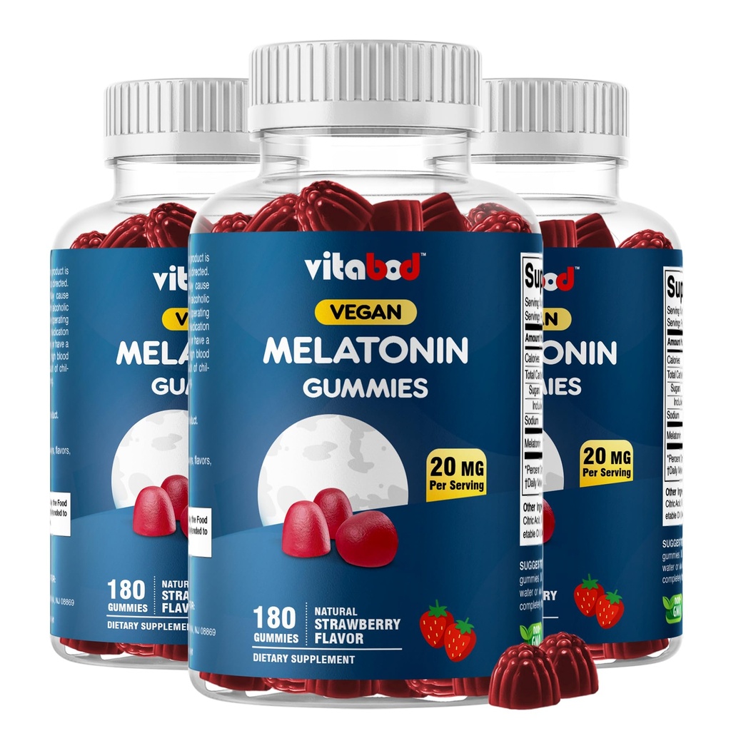 Melatonin 20mg Gumies - 180 Count - Naravna jagoda aroma - vegetarijanski, ne-GMO, Gluten brezplačno (3 steklenice)