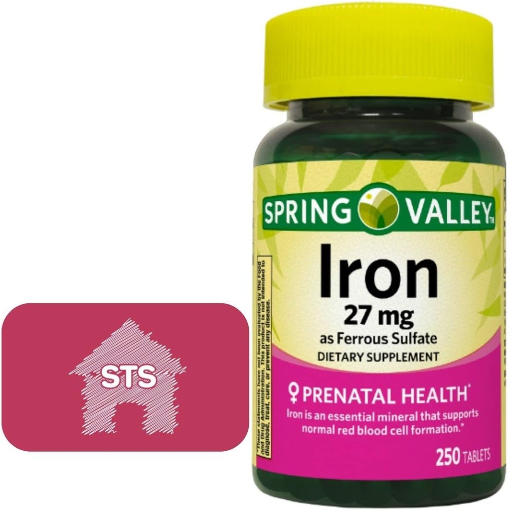 Spring Valley Železo kot Ferrous Sulfate 27 mg, 250 Count + STS Home Sticker.