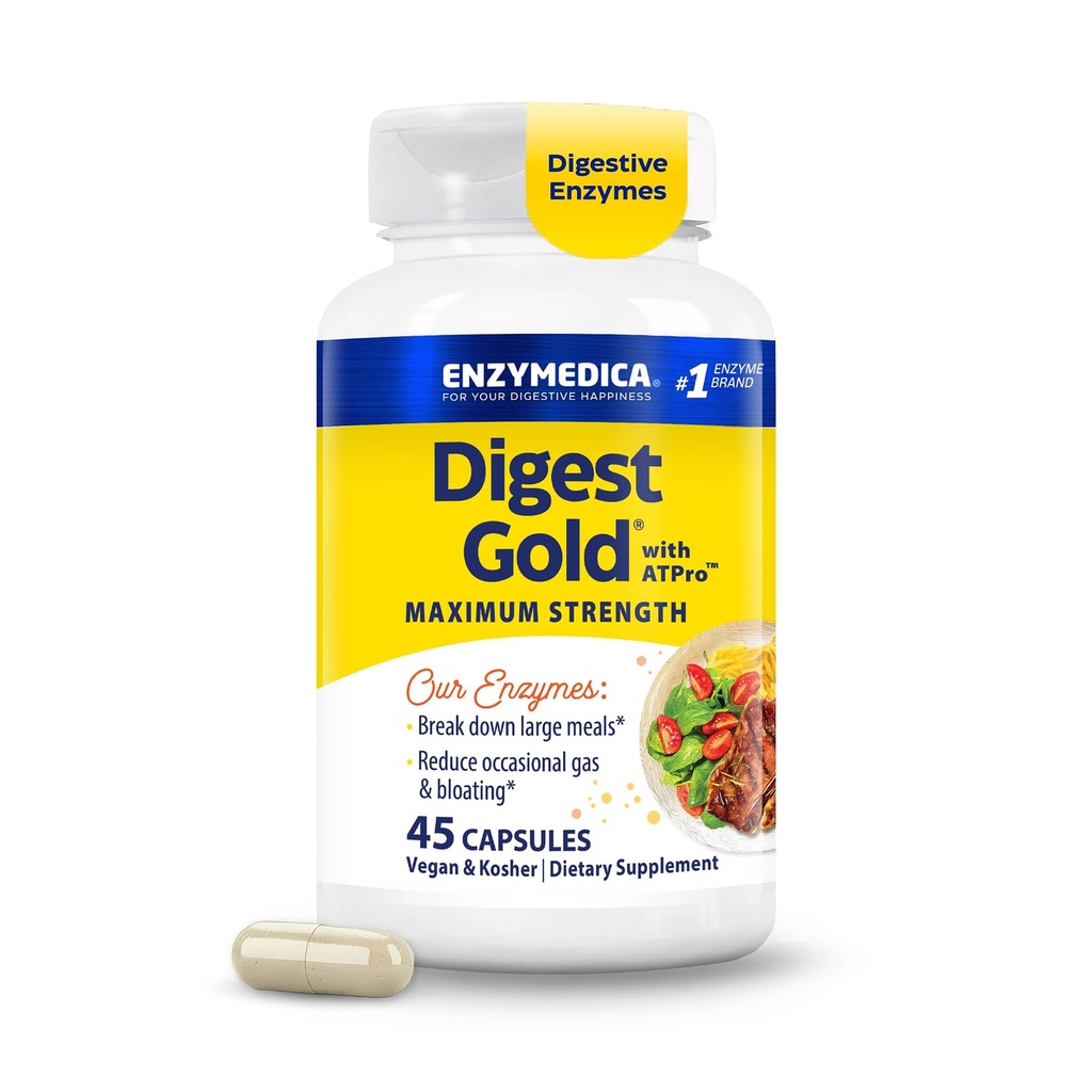 Enzymedica Digest Gold + ATPro, maksimalna moč prebavne encime, pomaga pogost velike obroke za takojšnje napenjanje olajšave, 45 Count