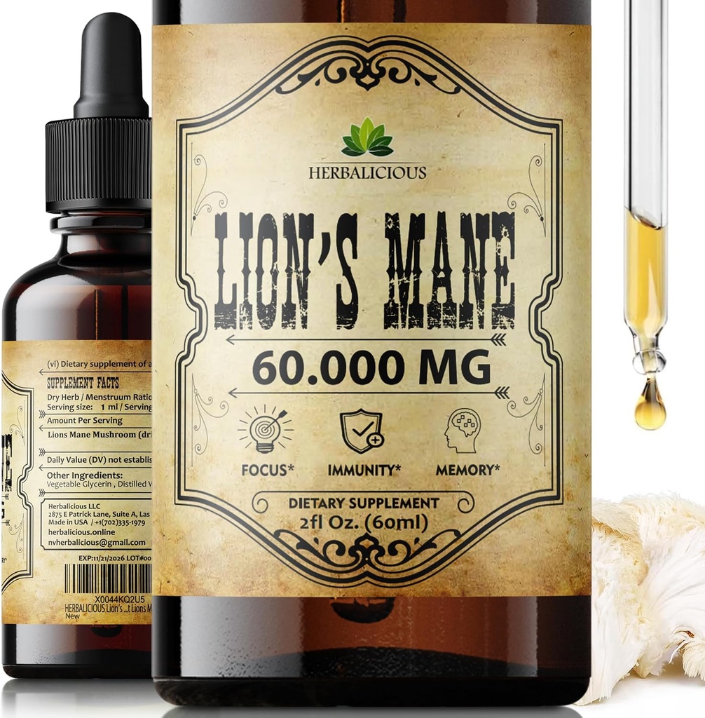 Lion's Mane Extract 2 fl oz Liquid – Naravna goba dodatek Tinkture za možgane, Spomin, Duševna jasnost & Fokus – Imunska podpora – Visoka moč Formula – 90-dnevna dobava