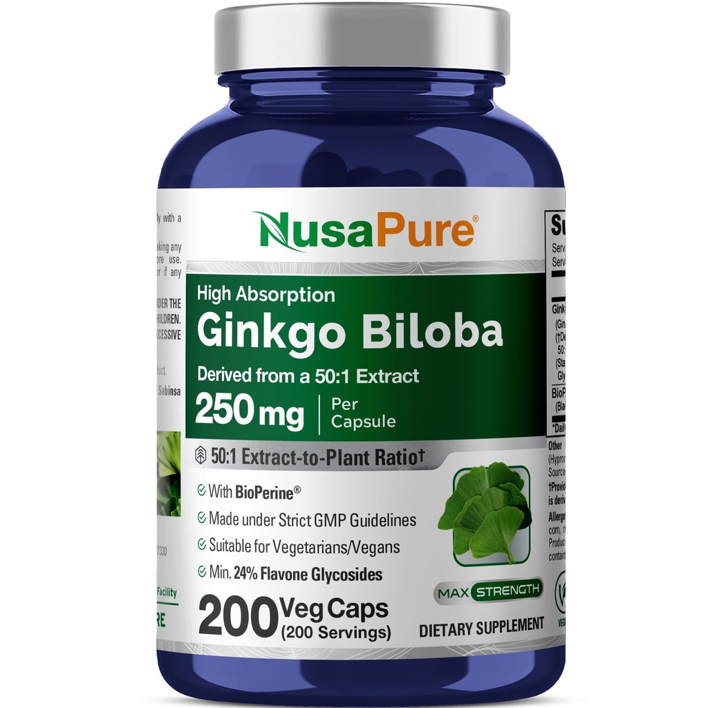 NusaPure Ginkgo Biloba 50:1 ekstrakt, 250 mg ekvivalentno 12.500 mg na Veggie Caps 200 kapsul (vegetarijansko, ne-GMO, vegansko) bioperino