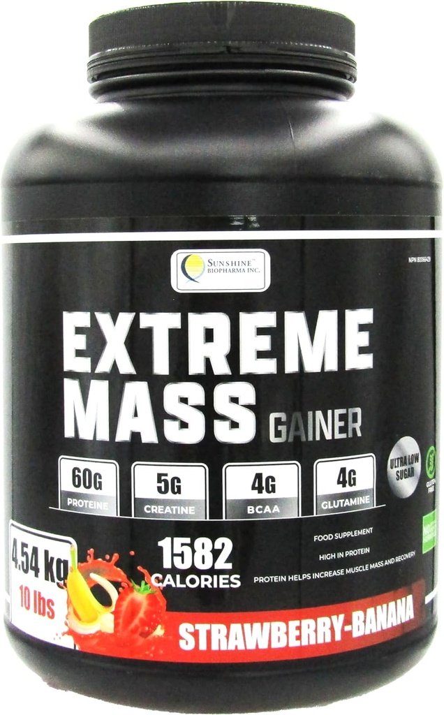 Extreme Mass Huight Gainer Muscle Builder, 10 lb (4,54 kg) z manj sladkorja za intenzivno usposabljanje vadbe Iz visoke kalorie fortified sirotkinih beljakovin (Strawberry-Banana)