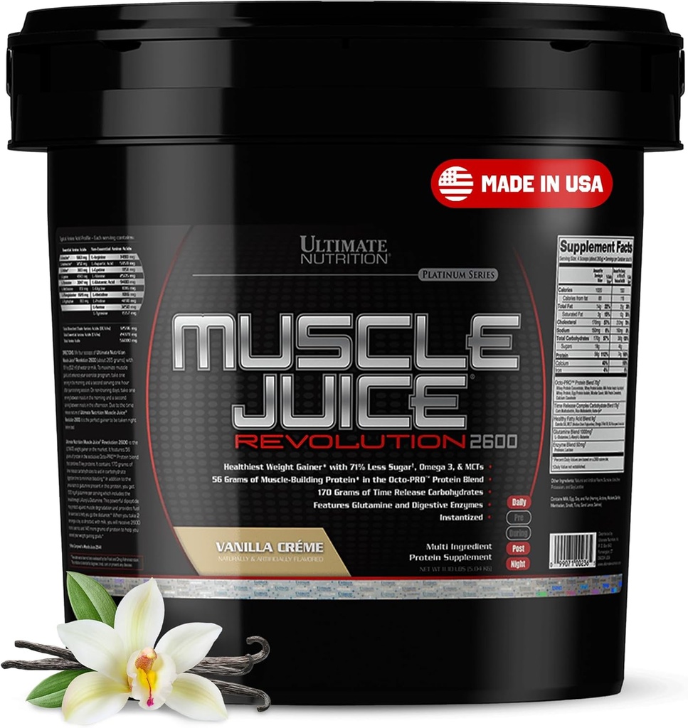 Ultimate Nutrition Muscle Juice 2600 Revolution, Hujšanje Drink Mix - Mass Gainer Workout Powder Supplement for Lean Muscle Growth & recovery with 56g Beljakovinska mešanica - Vanilla, 11 105lb