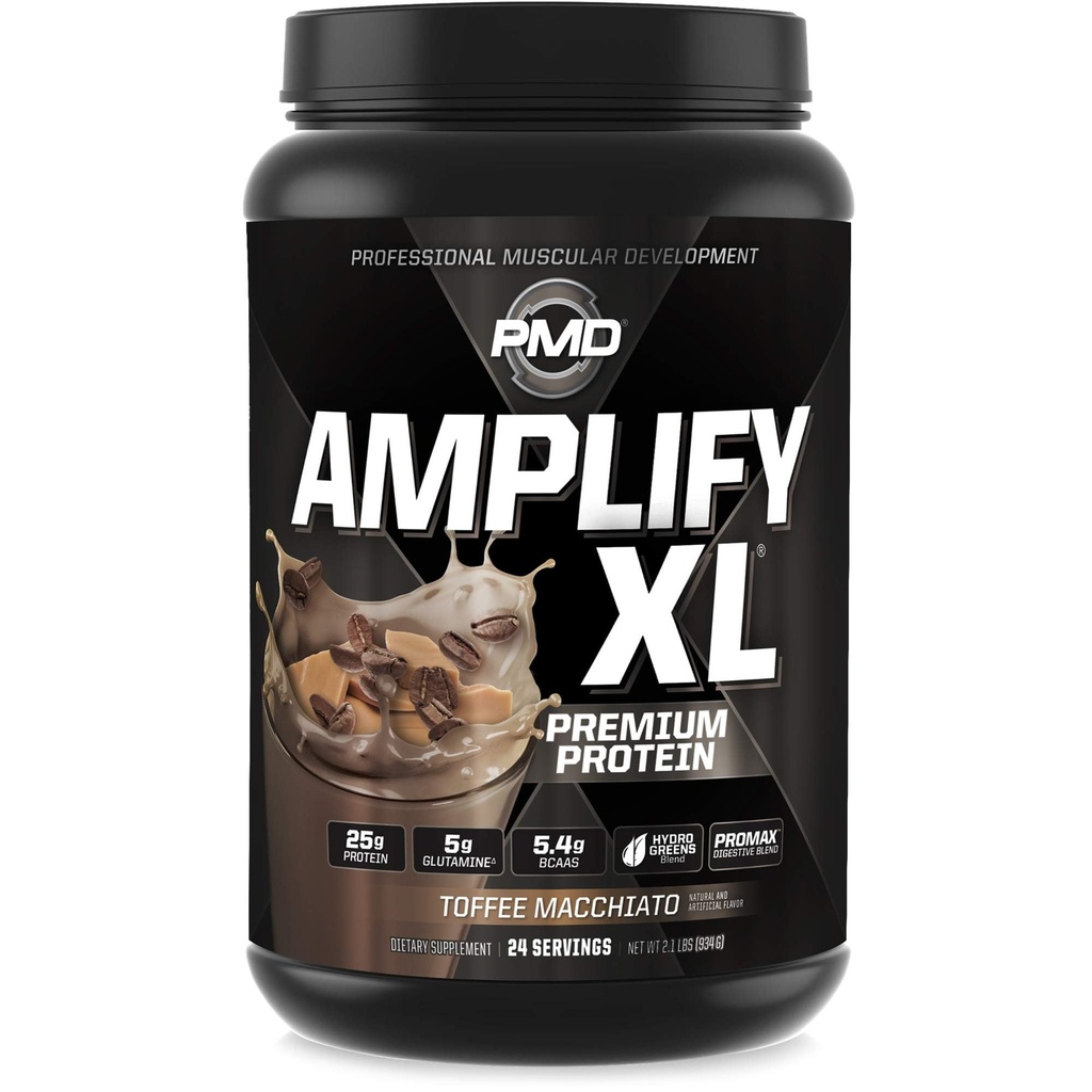 PMD Sports Amplify XL Premium Whey Protein Supplement Hydro Greens Mešanica - Glutamin in Whey Protein Matrix s super hrano za mišice, moč in regeneracijo - Toffee Macchiato (24 Servings)