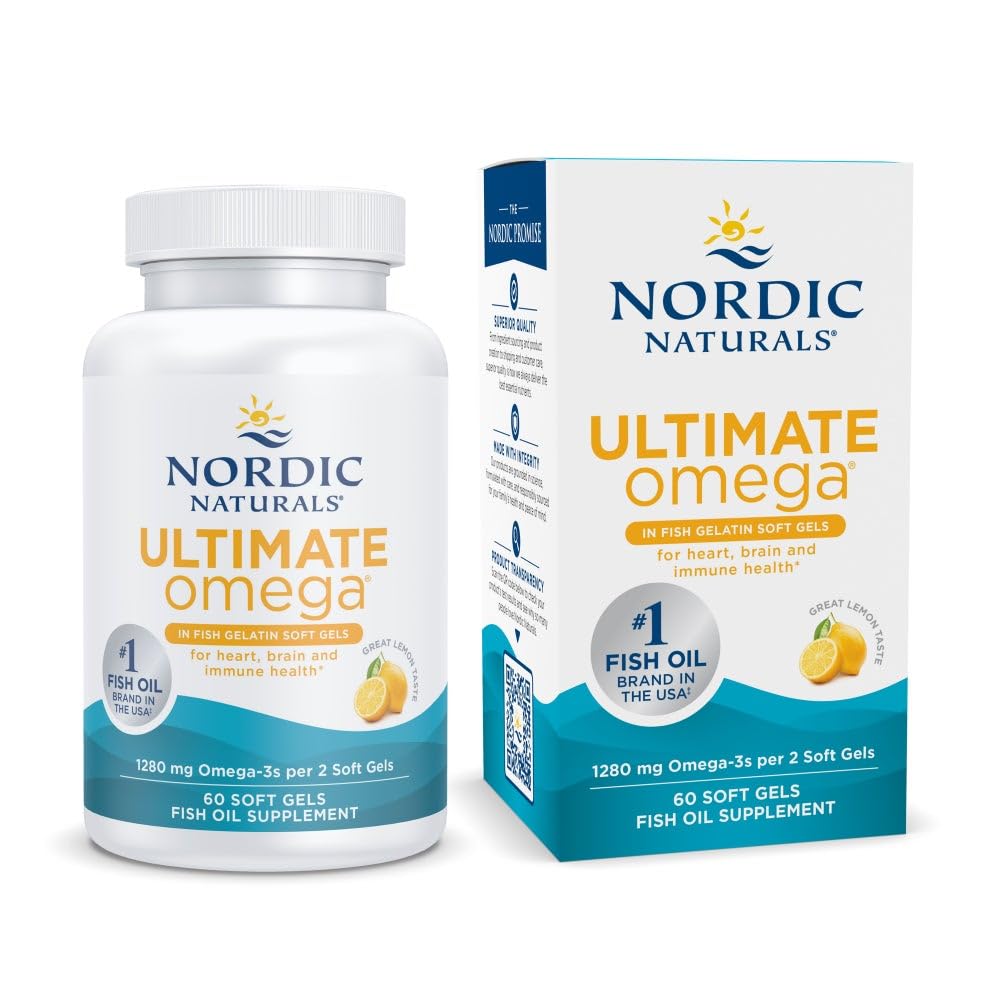 Nordic Naturals Ultimate Omega v ribji želatini, limonina aroma - 60 Soft Gels - 1280 mg Omega-3 - Visokopotezni ribje olje dodatek - EPA & DHA - Spodbuja zdravje možganov in srca - Non-GMO - 30 Servings