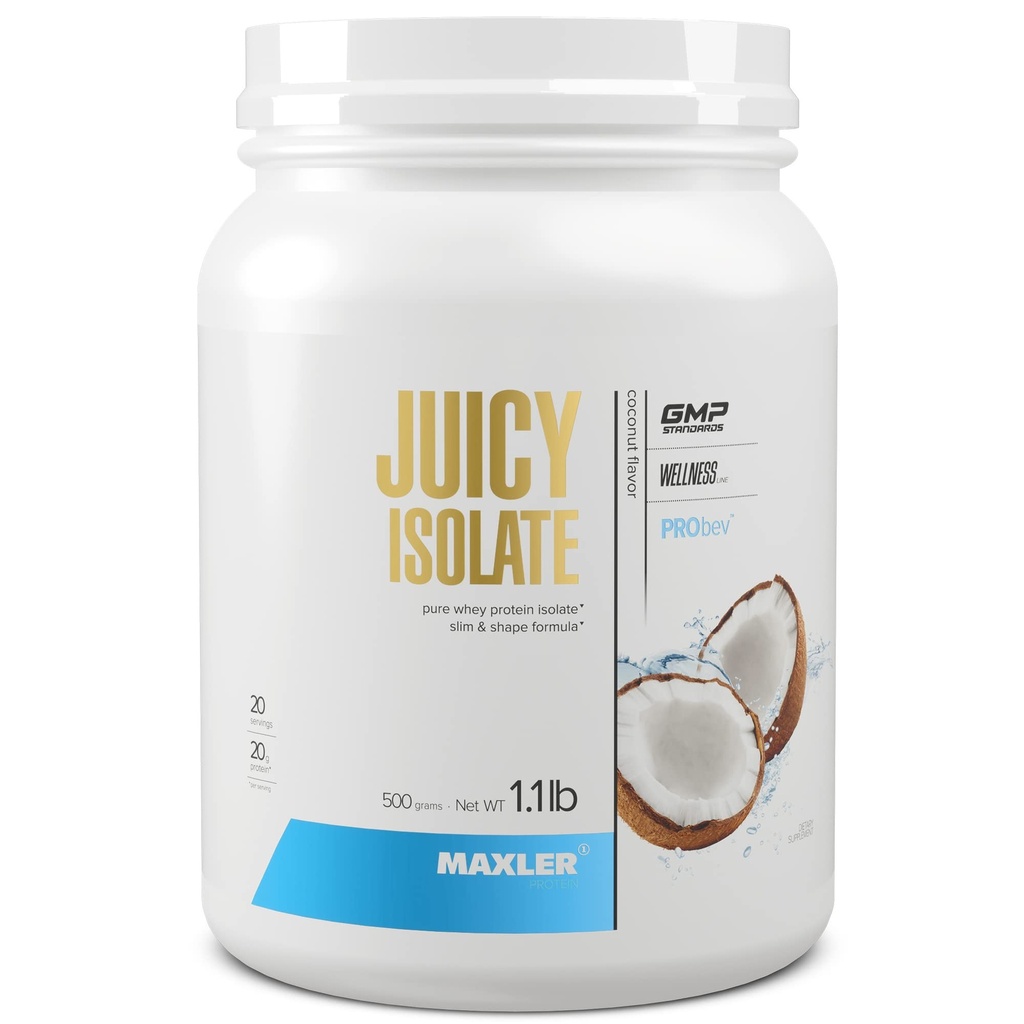 Maxler Juicy izolat beljakovin v prahu - čisti izolat sirotke - nizka laktoza, brez maščob, brez sladkorja Muscle Recovery Drink za pred in po vadbi - 90% beljakovin na serviranje - kokos 1,1 lb (20 Serving)