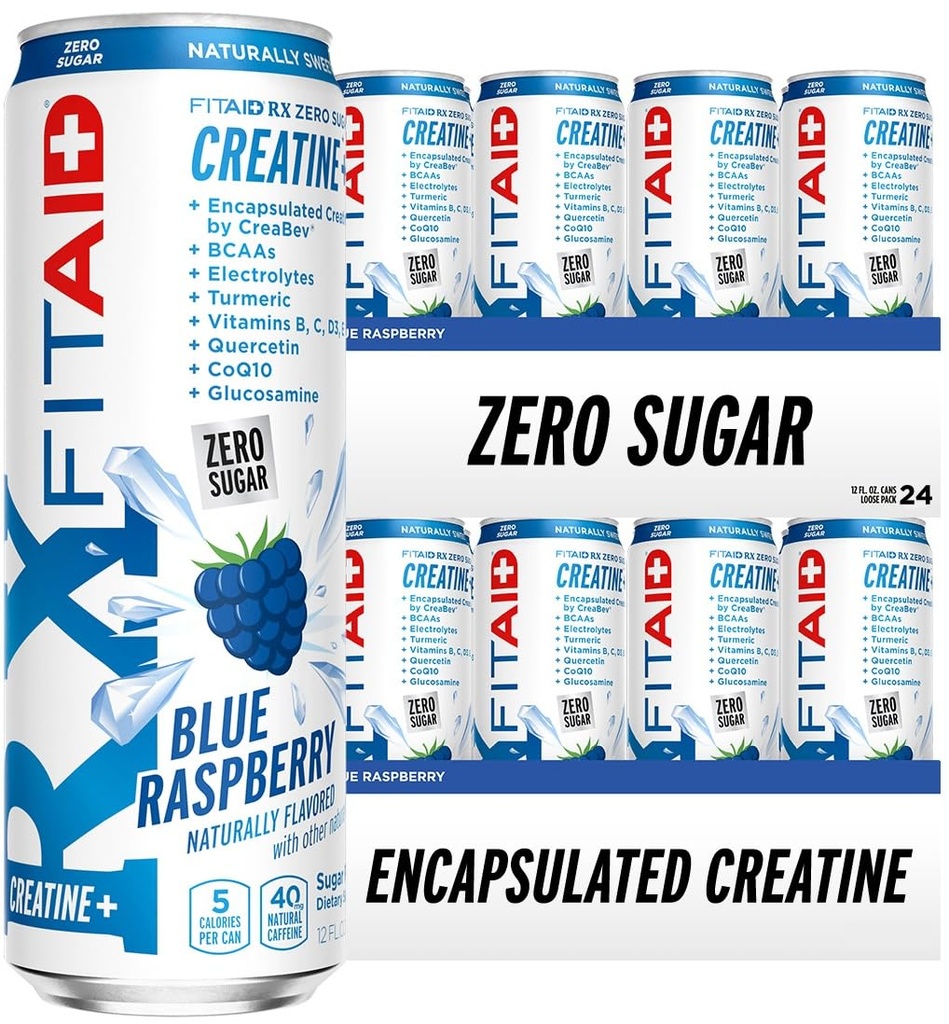 FITAID RX nič sladkor, Inkapsulirani Kreatin, Vadbeni regeneracijski napitek, Vse-v-ena mešanica, BCAA, Glukozamin, Kurkuma, B-kompleks, Elektroliti, Modra malina, 12 Fl Oz (Pack of 24)