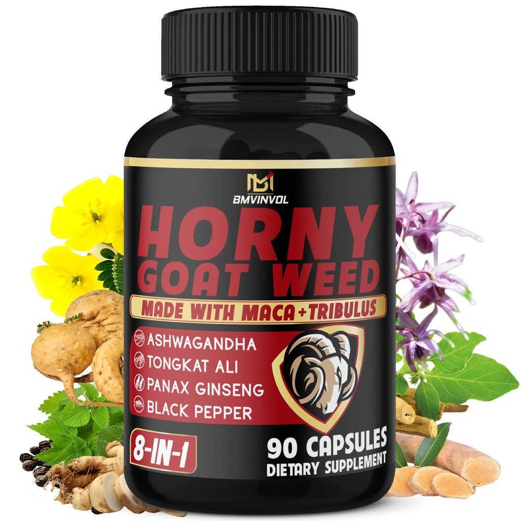 BMVINVOL Horny Kozja trava Kapsule z Maca, Ginseng, Tribulus Terrestris, Ashwagandha, Črna paprika - 90 Število za 3 mesece dobave
