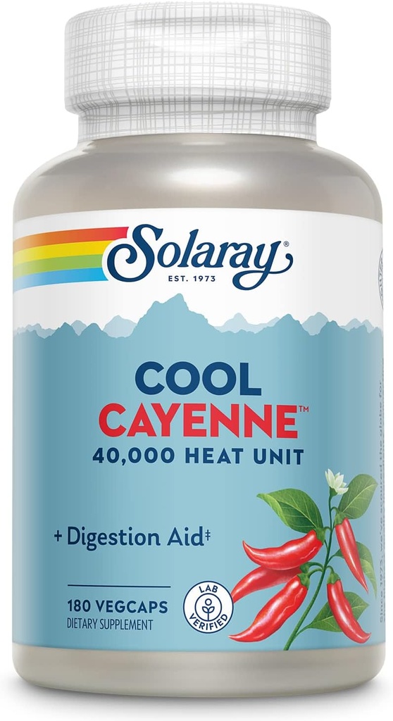 SOLARAY Cool Cayenne Pepper 40.000 HU, Cayenne Pepper Kapsules, Digestion Aid, Bio-Cool proces, Laboratorij preverjen, 60-dnevni denar nazaj garancije, 90 Serving, 180 VegCaps