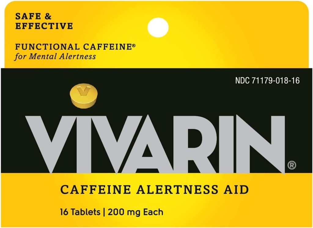 Vivarin, tablete kofeina, 200 mg kofeina v vsaki tableti, varno in učinkovito pomaga ostati buden, pomoč pri opozarjanju, dodatek k energiji, 16 tablet - 5 paketov