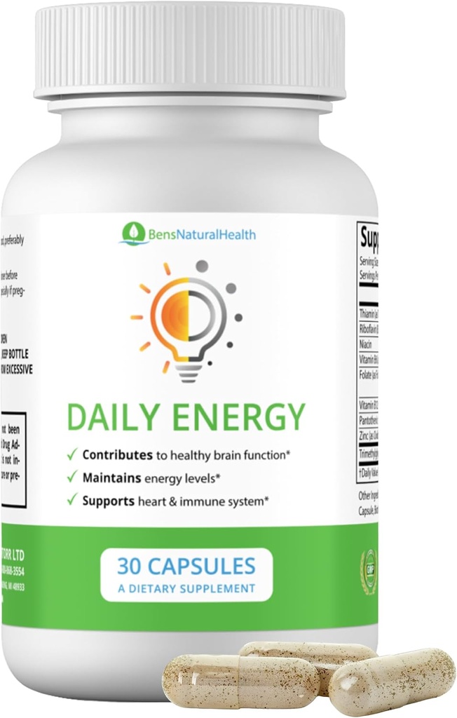 Ben's Natural Health Daily Energy B-Vitamin Complex z TMG in cinkom za naravno energijo, Stres, Focus & Imune Support, 30 kapsul