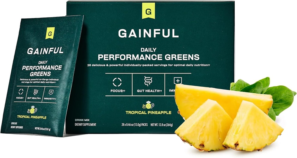 Gainful Daily Performance Greens Powder, Coconut Ananapple, Gut Health, Energy, Focus and Immune Support with L Theanine, Organic Greens, Klorella, Ginger, Green + Adaptogen Drink Mix, 28 Packets