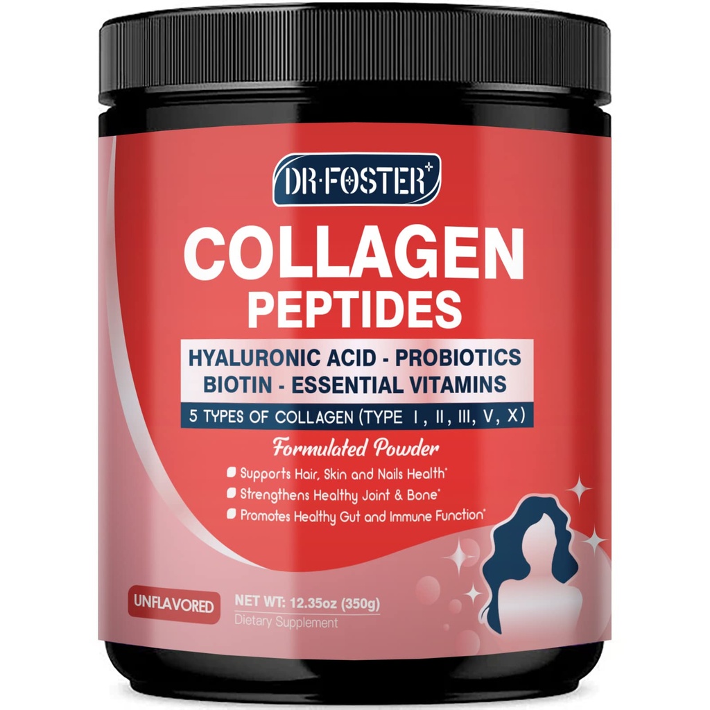 več kolagenskih peptidov v prahu s probiotiki - tip I II III V X - hidrolizirane kolagenske peptide z multivitamini, hialuronsko kislino in biotinom - podpora kožnim nohtom za nohte in črevo, 35 servivi