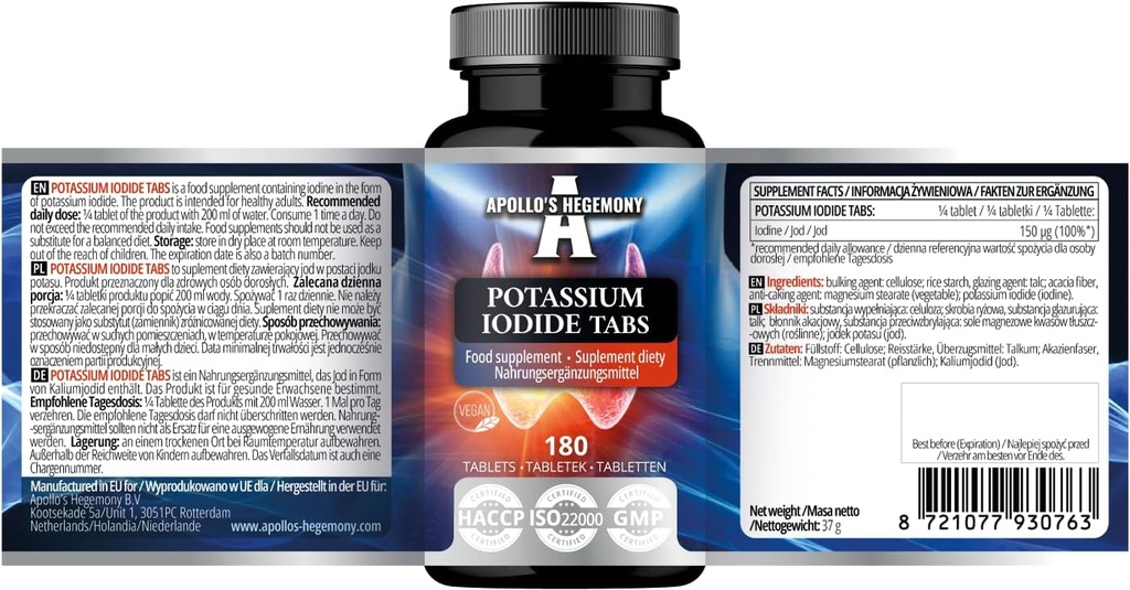 Kalijev jodid 150 μg na Portion - 180 veganskih tablet - 720 strežnic - za optimalno delovanje in presnova energije - prehranska dopolnila Apollove hegemonije