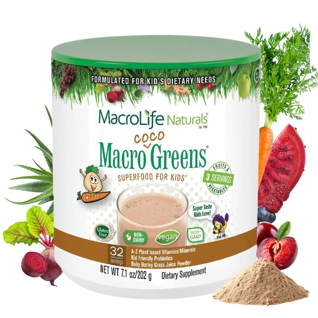 MacroLife Naturals MacroCoco Greens Čokolada Superhrana v prahu za otroke Surovi sadeži Zelenjava Probiotiki & Prebavne encime, Immunitetna energija, Ne-GMO, Vegan, Gluten, Dairy Free - 7oz (32 Servinges)