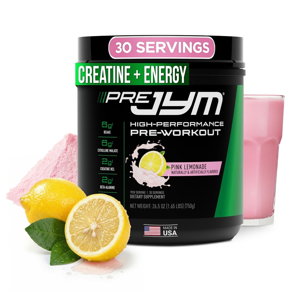 JYM Supplement Science Pre JYM Pink Limonade Pre Workout Prašek za moške in ženske, BCAA, nootropike, kreatin HCI, citrulin, beta-alanin, betain, tavrin, huperzin, 30 servivov