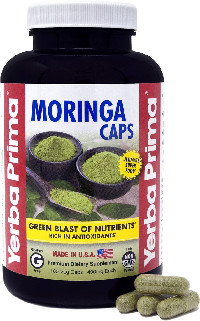 Yerba Prima Moringa, 180 Count Veg Caps - 400mg čistega, posušenega listnega prahu, zelena plast hranil, bogat z antioksidanti, 100% Pure, Super Food, Non-GMO, Vegan prijazno, Gluten-free, ZDA Made