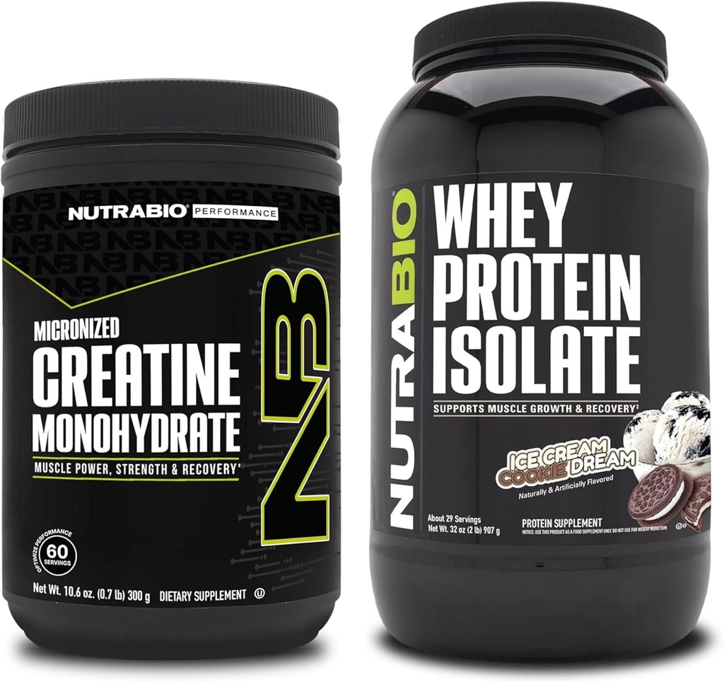 NutraBio Kreatin Monohidrat, nearomatiziran, 300g in sirotkin izolat beljakovin, sladoled Cookie Dream, dopolnilo - mišična energija, rast, okrevanje in moč