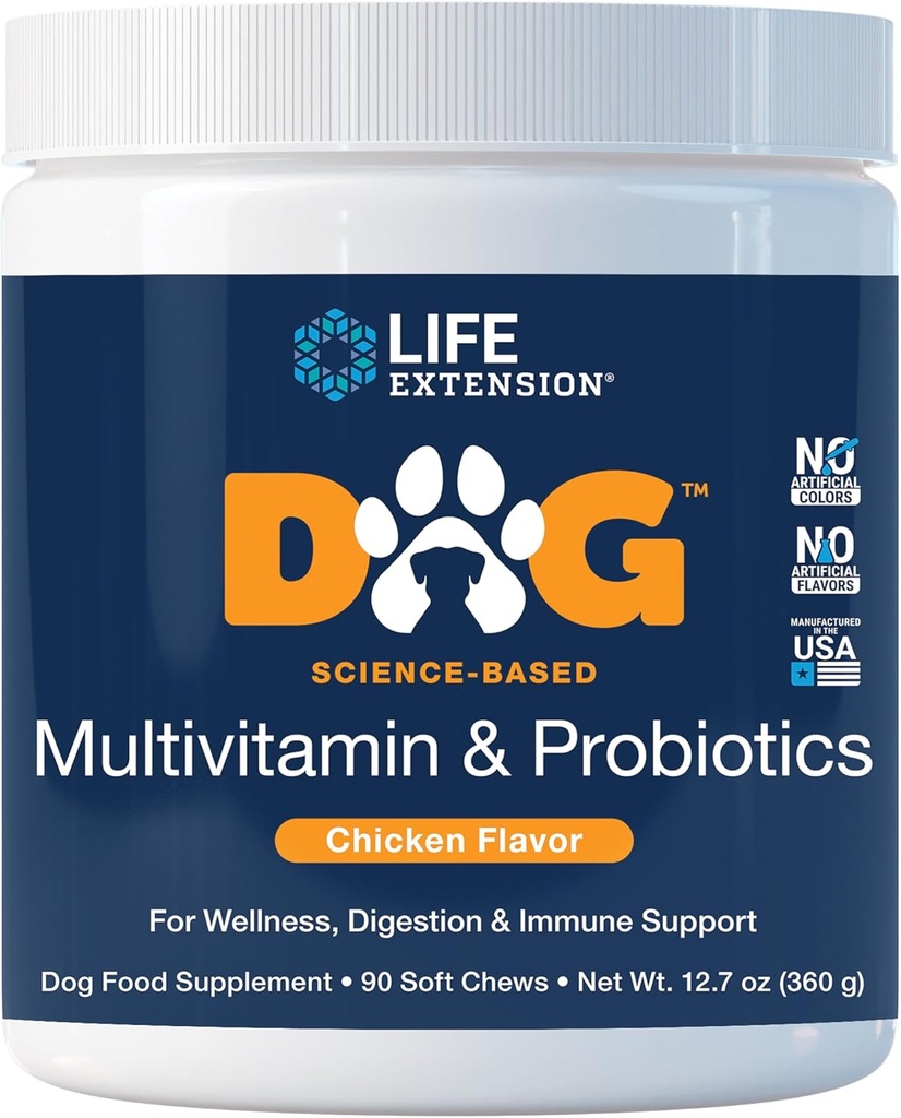 Life Extension Dog Multivitamini in probiotiki - Dog Food Supplement za splošno zdravje, prebavo in imunske podpore - Vitamini, Probiotična mešanica, Kolostrum (Bovine) - 90 Soft Chews