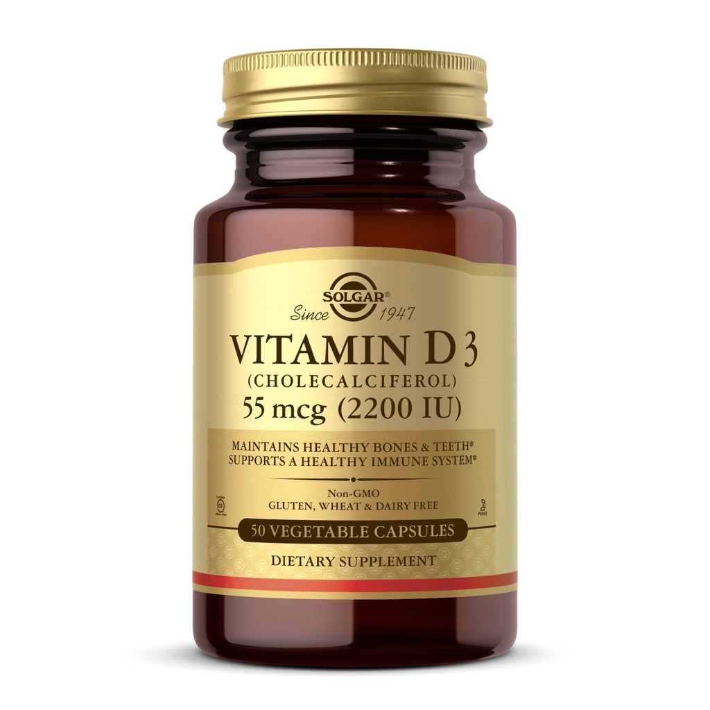 Solgar Vitamin D3 (Cholekalciferol) 55 μg (2200 i. e.), 50 Zelenjavnih kapsul - pomaga ohranjati zdrave kosti in zobe - Imunski sistem podpora - Non-GMO, Gluten Free, Dairy Free, Kosher - 50 Serving