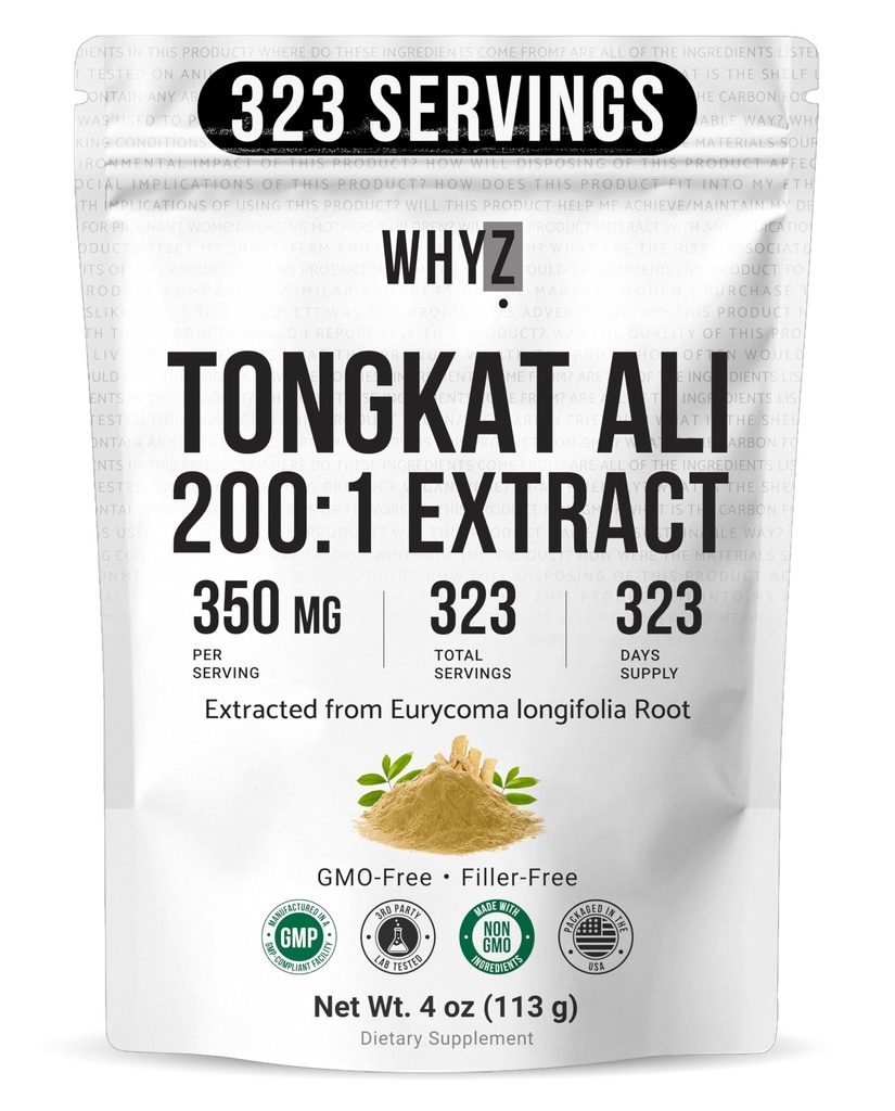 WHYZ Tongkat Ali Powder 113g, Pure Longjack 200:1 Extract Eurycoma Longifolia Dopolnilni prašek za večjo telesno zmogljivost in dobro počutje, Longjack Tongkat Ali za moške in ženske, 323 Sluge