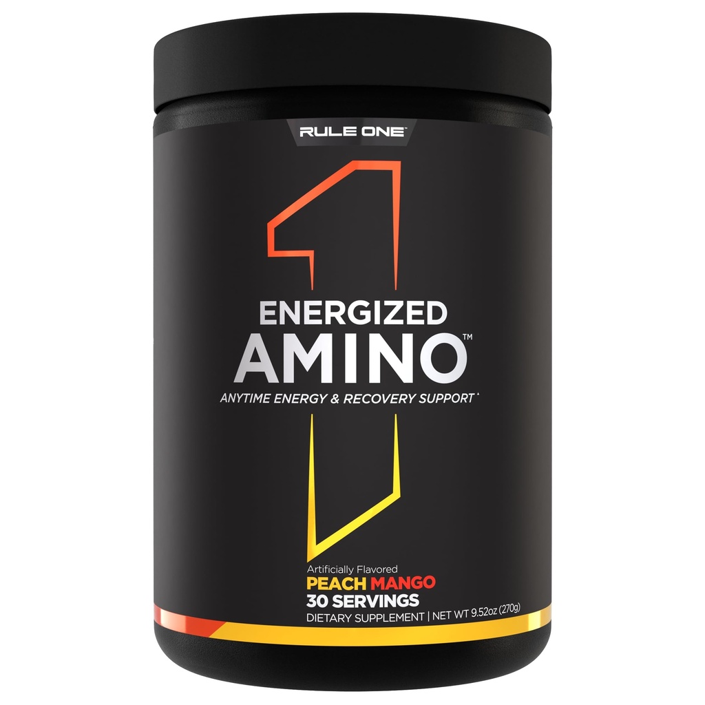 Rule 1 Energized Amino – Anytime Energy and Recovery Support with BCAAs, Glutamine, Citrulline, Beta Alanine, and Caffeine from Green Coffee & Tea Leaf Extracts (30 Servings, Peach Mango)