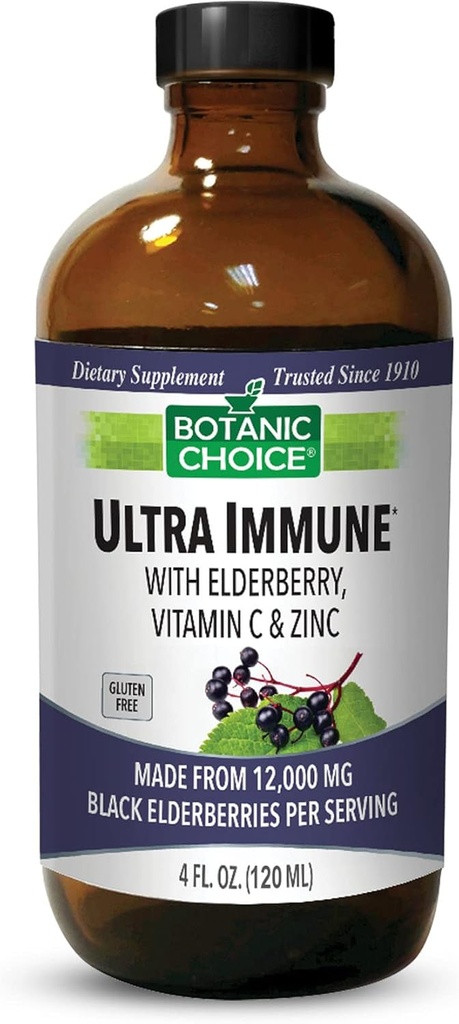Botanična izbira - Ultraimune, Vsebuje bezgovo jagodo z cinkom in vitaminom C, Black Elderberry Syrup za odrasle in otroke, Tekoči vitamini za podporo imunske, 4 Oz