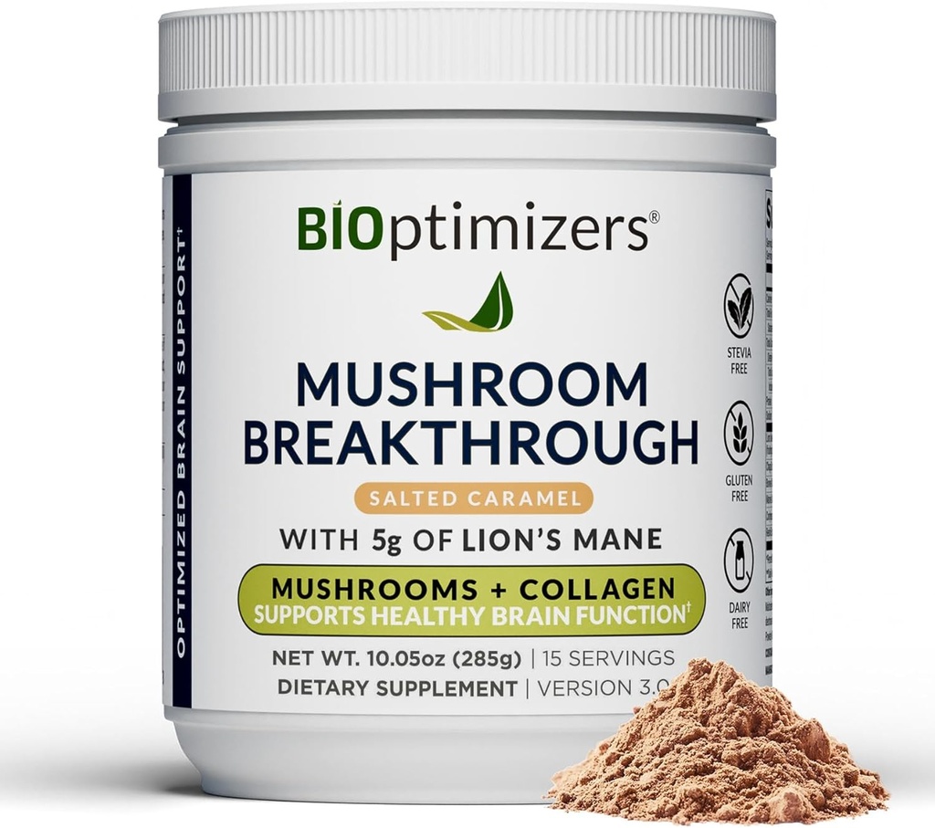 BIOptimizerji Kava z gobami Alternativna – soljeni karamelni napitek – Levja griva, Chaga, Reishi + kolagen Peptidi za fokus, energetika in gut zdravje – Adaptogene gobe in MCT prašek – 15 Servinga