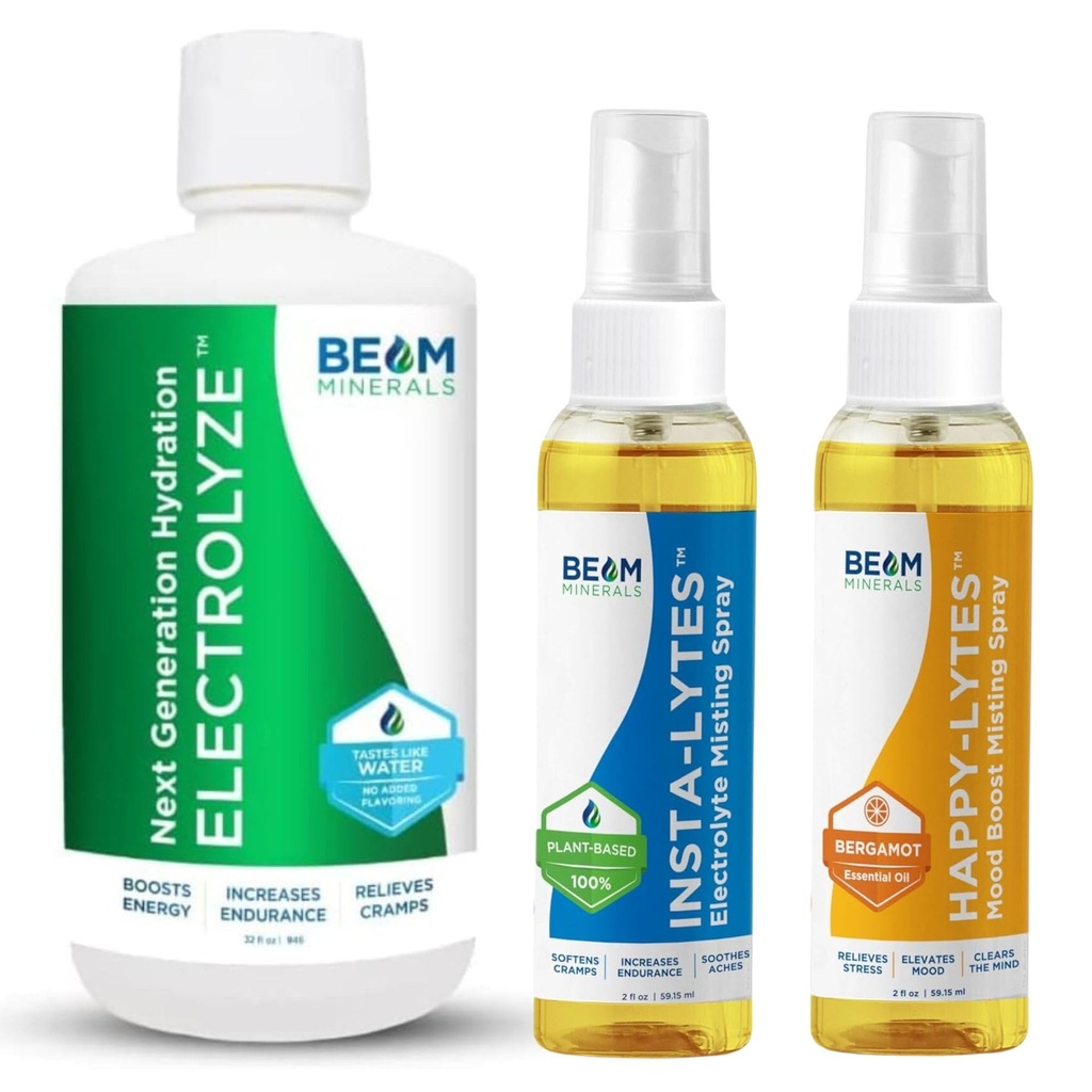 Beam Minerals Elektrolit Neuravnotežena rešitev Elektroliza in Insta-Lytes Naravni tekoči elektroliti 2oz in Happy-Lytes Fulvic Elektrolit Misting Spray 2oz