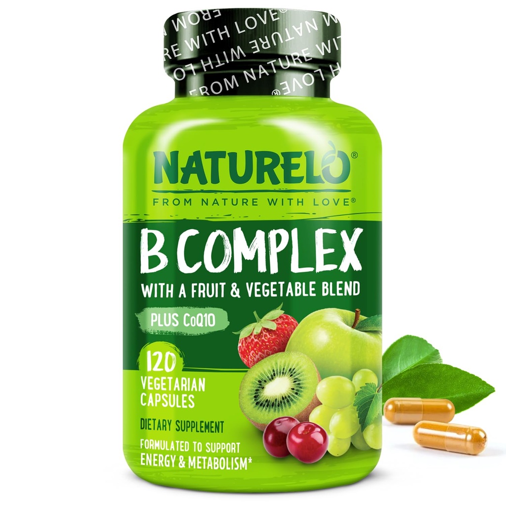 NATURELO Vitamin B Kompleks z metil B12, metil Folat, vitamin B6, Biotin Plus Choline, CoQ10 in sadne in zelenjavne mešanice - podpira odziv energije in zdravega stresa - Vegan - 120 kapsul