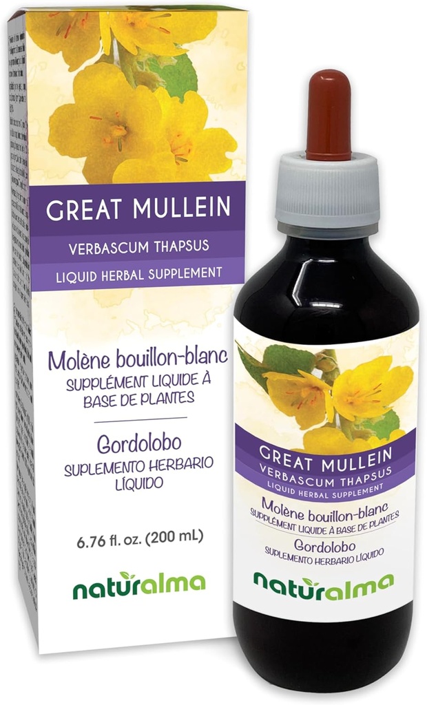 Naturalma Great Mullein ali navadni Mullein (Verbascum tapsus) Cvet in list Alkohol brez tinkture - 6.76 fl oz Tekoči ekstrakt v kapljice - Zeliščni dodatek - Vegan