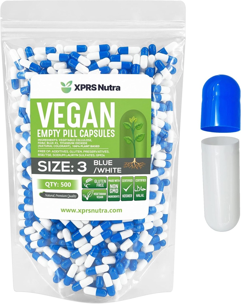 XPRS Nutra velikost 3 prazne kapsule - 500 Število prazne veganske kapsule - vegetarijanske tablete - DIY Zelenjavna kapsula Polnjenje - Veggie Pills (modra/bela)