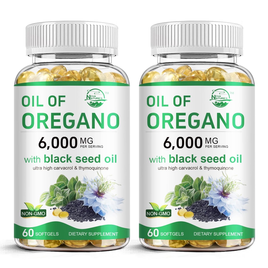 Naravo živo Olje Origano s črnim oljem, 2 v 1 Origano dopolnilo za imuno zdravje, ohranja visoko koncentrirano Carvacrol & Thymokinon, Non-GMO, 60 Softgels, 2 Pack
