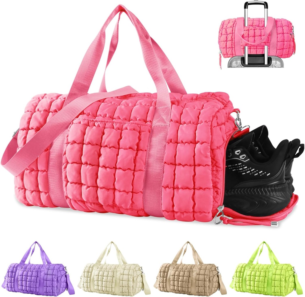 Prešita Gym Bag Duffle za ženske,Duffle Bag za potovanje s čevlji Compartment,Puffeer Vikender Bags Čez noč Nočni nošenje Na Bag z vozička rokav za letala,Osebni element šport Duffel Dance Bag (Pink)