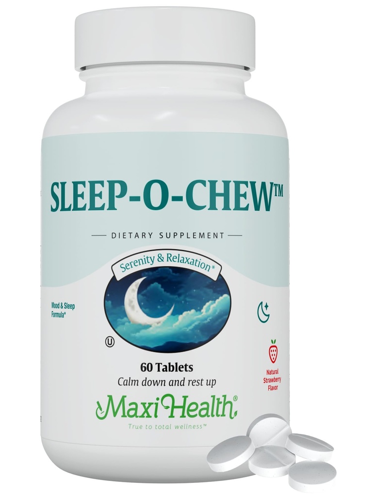 Maxi Health Sleep-O-Chew Žvečljive tablete z magnezijem, Inositol, L-Triptofan, 3mg melatonin za podporo spanju - Nenavadno oblikovanje pomoč za spanje za odrasle, Košir spanje dodatek, 60 Število