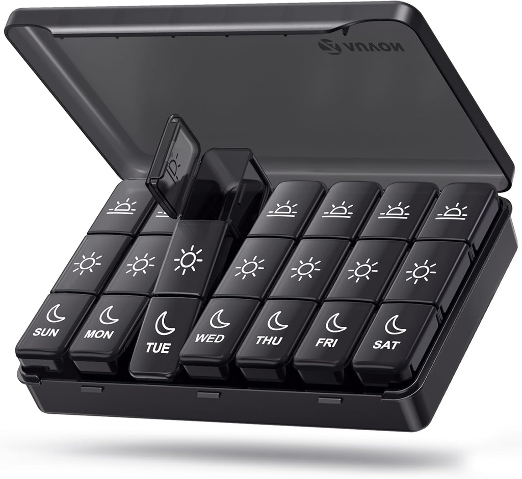 AUVON tedenske tablete Organizator 3 krat na dan, velike tablete Box 7 dan z dvojno zaščito za potovanje, črna tableta Primer za zaščito zasebnosti, Svetlobno varne tablete vsebnik za zdravila, vitamini, ribje olje