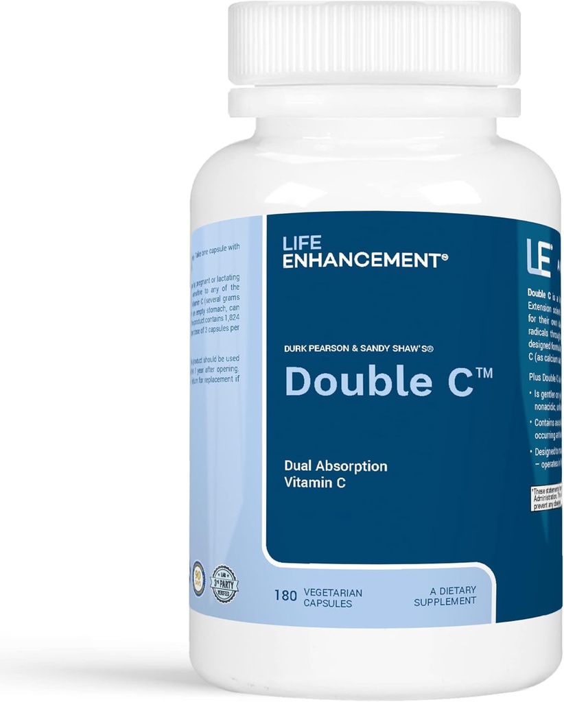 Doživljenjsko izboljšanje Double C - Max Absorpcija 608 mg Buffered Vitamin C (Calcium Askorbat in Askorbil Palmitate) & 61 mg Kalcij - 180 Kapsul