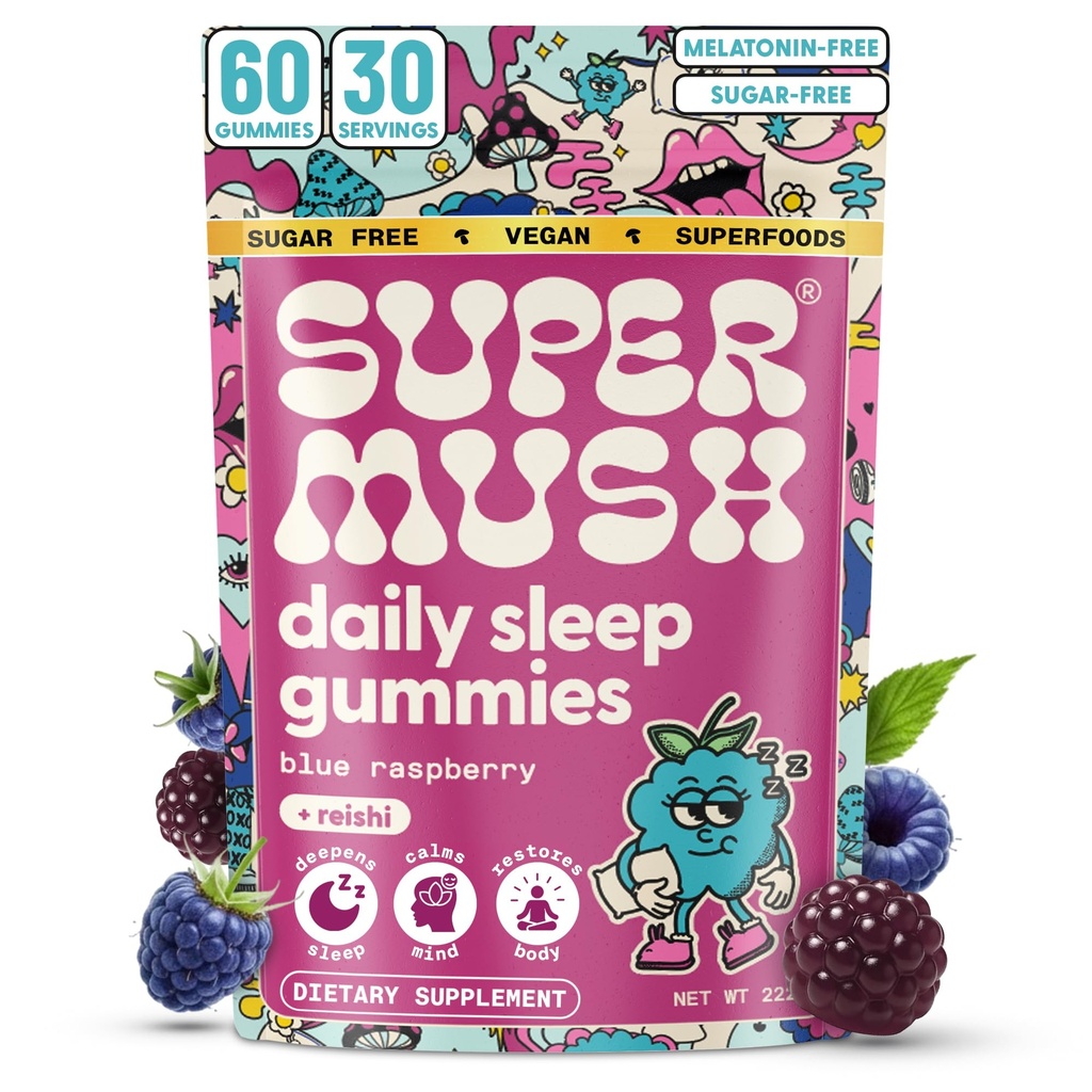 SuperMush Sleep Gumies za odrasle - Gobe dopolnilo z magnezijevim citratom, L-Theanin, Chaga, Reishi & Kamilica za globoko spanje, REM & Detox - Vegan & Sugar-free - 60 Gummies (30 strežb)