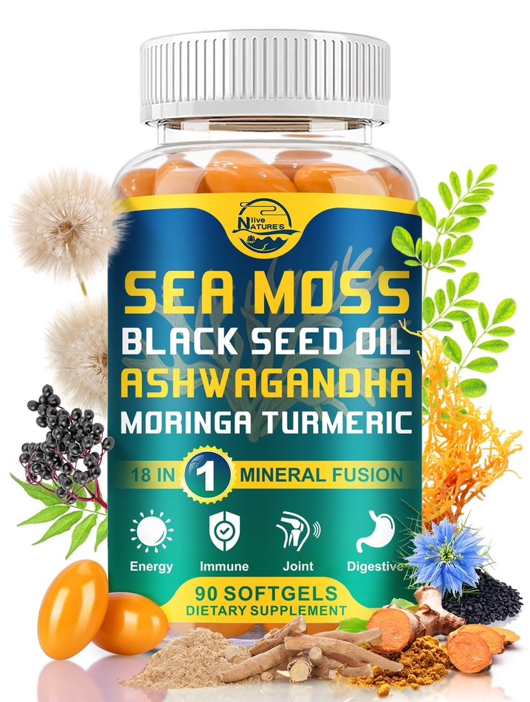 Nature's live Organic Sea Moss Softgels, with Black Seed Oil, Ashwagandha, Bladderwrack, Ginger, Burdock Root, Manuka Honey, Cinnamon for Immune System, Skin, Energy, 90 Softgels, 1 Pack