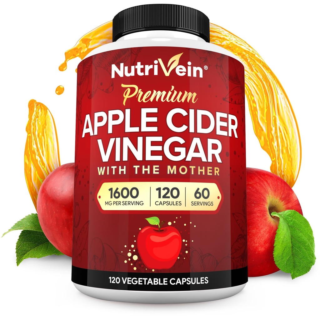 Nutrivein Premium Apple Cider Vinegar Dodatki z mamo - 1600 mg - 120 Apple Cider Vinegar Kapsule: ACV tablete za prebavljanje, Keto, čiščenje, in uravnotežena prehrana