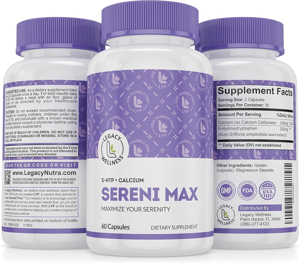 SERINI-MAX - 5-HTP podpora razpoloženju dodatek + kalcij - podpira mirno in mirno stanje uma - Boost Serotonin, 5HTP 200mg za obvladovanje stresa in podporo za spanje dopolnila - 60 kapsul