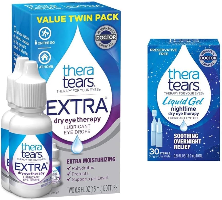 TheraTears Extra Dry Eye Therapy Lubricating oči kapljice za suhe oči, 0.5 fl oz steklenica, 2 Count (Pack of 1) & Liquid Gel Night Time Lubricating oči kapljice za suhe oči, Viale za enkratno uporabo, 30 Count