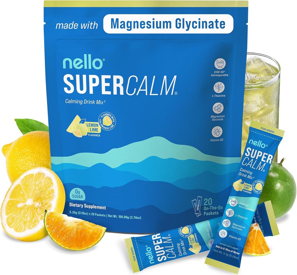 Nello Supercalm Drink Mix - Ashwagandha KSM 66, Magnezij Glicinat & L-Theanine dodatek, Vitamin D3 - Ashwagandha Root Extract - Focus and Relaxation Support (20 Travel Packets) - Lemon Lime