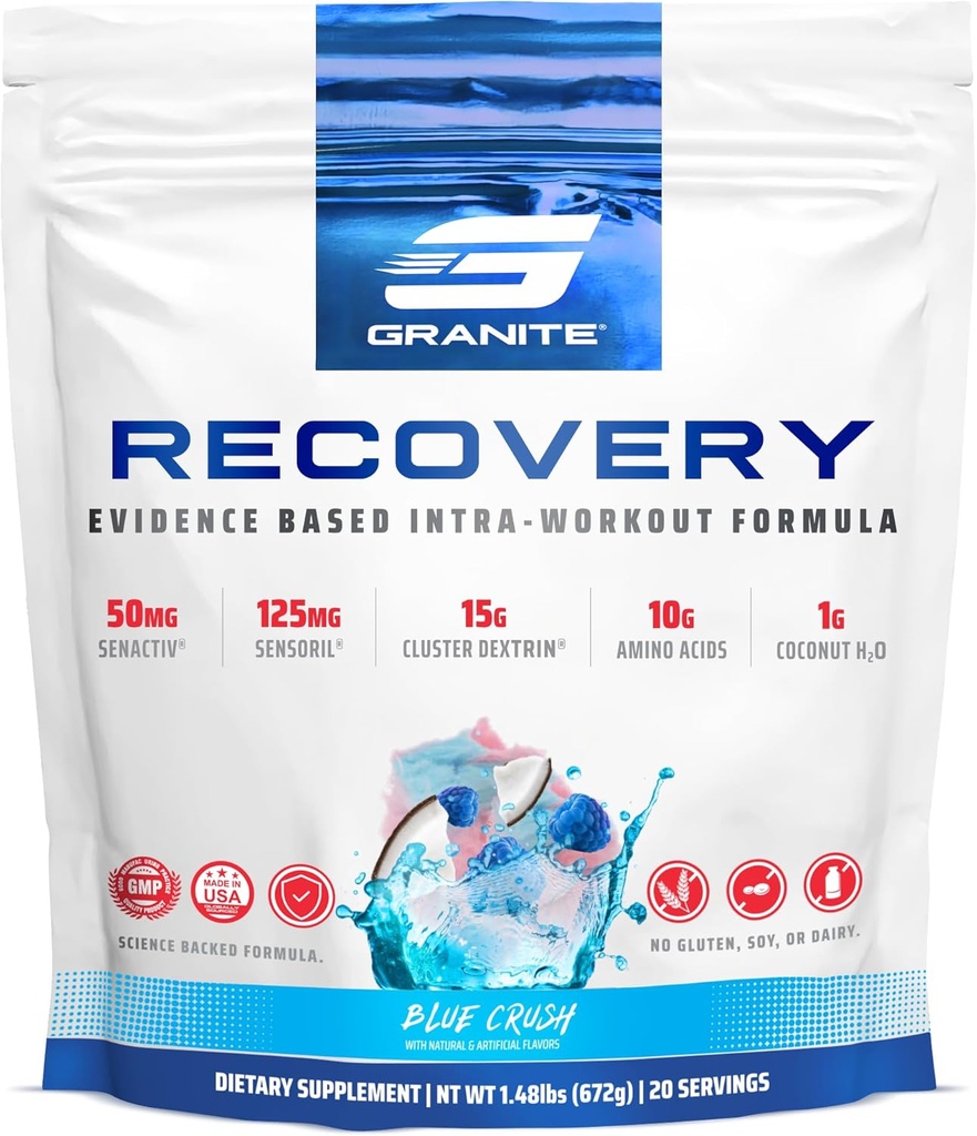 Granit recovery Intra in post-workout dodatek, Blue Crush Flavor, z 10g Amino, Elektroliti, grozd Dextrin, & Senzoril, Podpira obnovo mišic in rast (20 Serving)