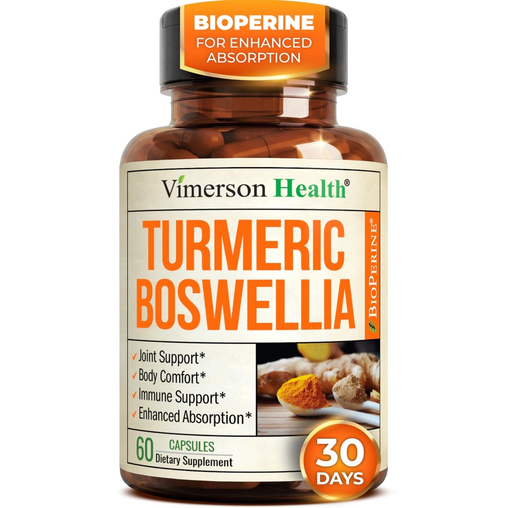 Boswellia Serrata Kurkuma dodatek za skupno podporo in vneto ravnotežje – Kurkuma Boswellia dodatek z ingver & črno papriko ekstrakt za izboljšano absorpcijo – Non-GMO - 60 kapsul
