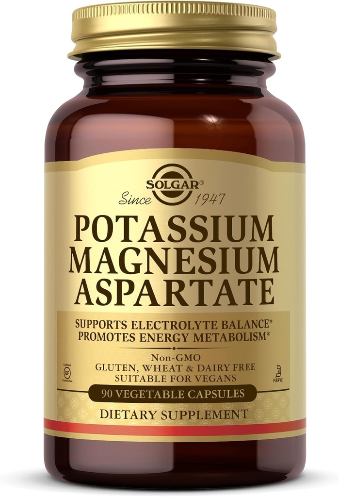 Solgar Kalij Magnezijev aspartat - 90 veganskih kapsul, brez glutena, brez mleka, košir