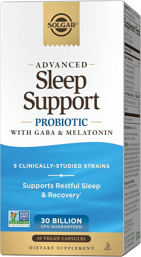 Solgar Advanced Sleep Support Probiotic z GABA & Melatonin, 30 veganskih kapsul - 30 milijard CFU - 5 klinično raziskanih sevov - Podpora za mirno spanje in okrevanje - Non-GMO & Vegan, 30 Servingov